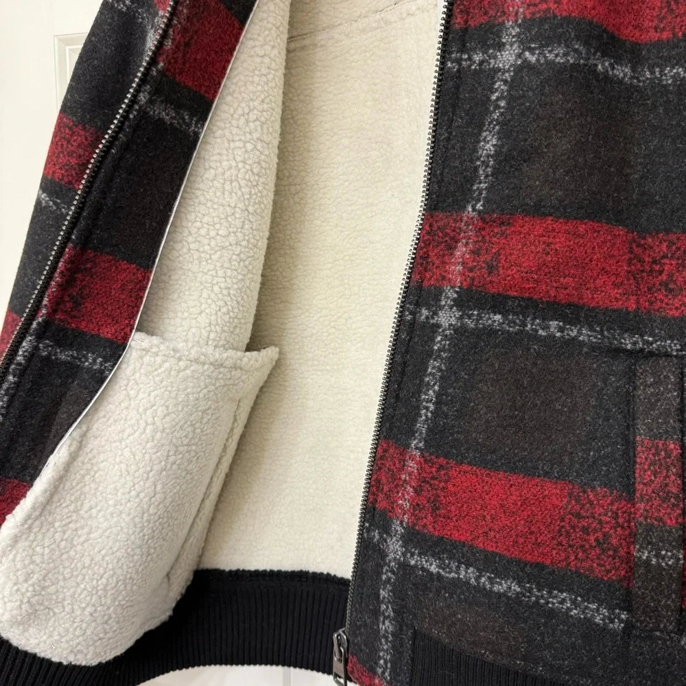 Calvin Klein Plaid Sherpa Jacket Wool Blend Chore Coat Women M Tango Red New - Picture 7 of 11